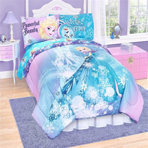 Frozen twin bedding - The Disney Frozen Winter Cheer 4 Piece Toddler Bed Set includes a comforter, fitted bottom sheet, flat top sheet, and reversible pillowcase. The delightful comforter measures 42" x 57" and features the lovely Anna and Elsa with playful Olaf in an icy magical holiday scene, designed in shades of lavender, aqua, green, and white.